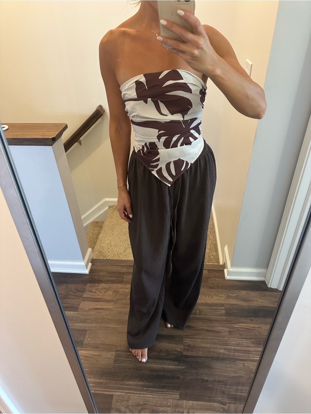 Strapless Tropical Print Bodice top in Brown and Cream and medium pants brown